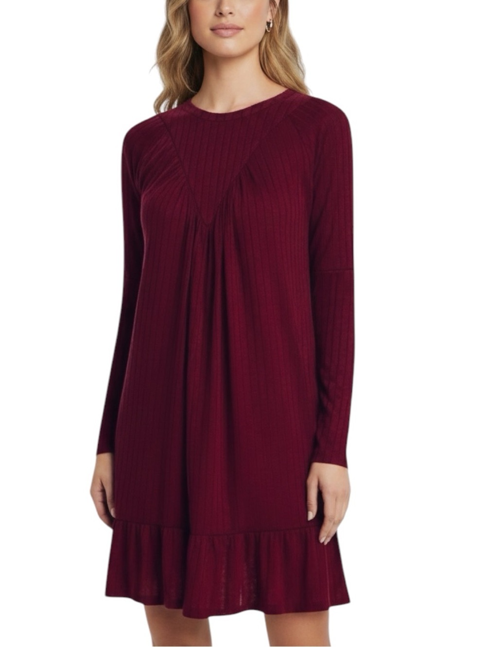 NWT AQUA Burgundy Long Sleeve Ruffle Hem Keyhole Back Knit Dress Size Medium